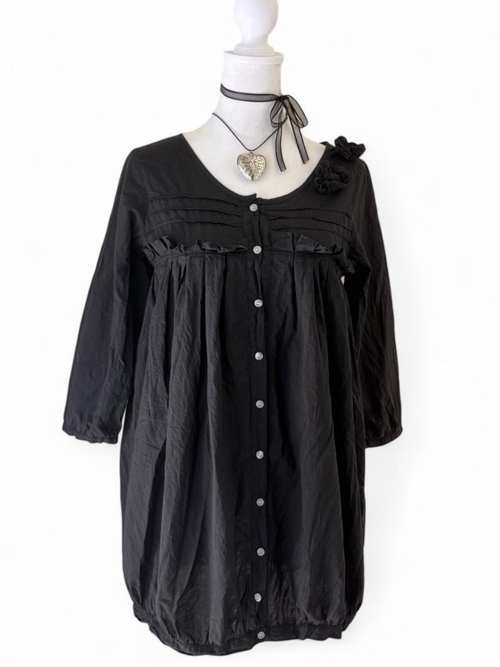 Vintage Y2K babydoll ruffle goth lolita black mini dress floral bubble hem XS/S